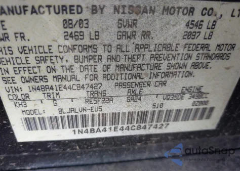 2004 Nissan Maxima 3.5 Se z USA, uszkodzony, nr VIN 1N4BA41E44C847427